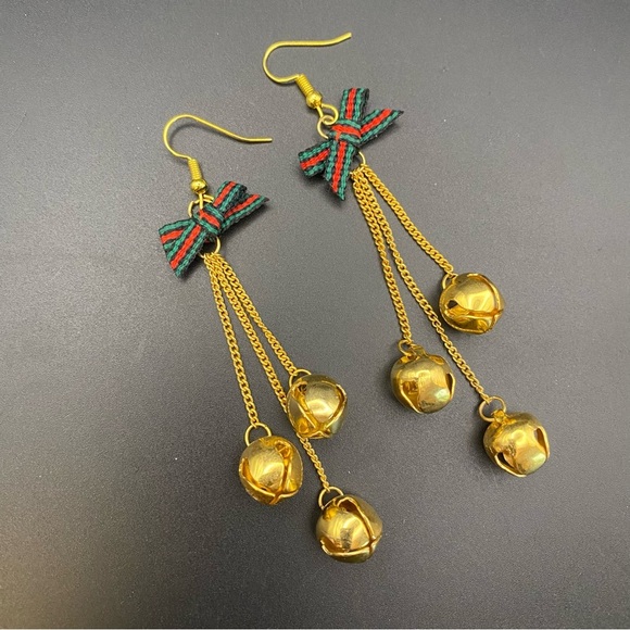 Gold Dangle Earrings with Bells and Bows - Picture 1 of 4